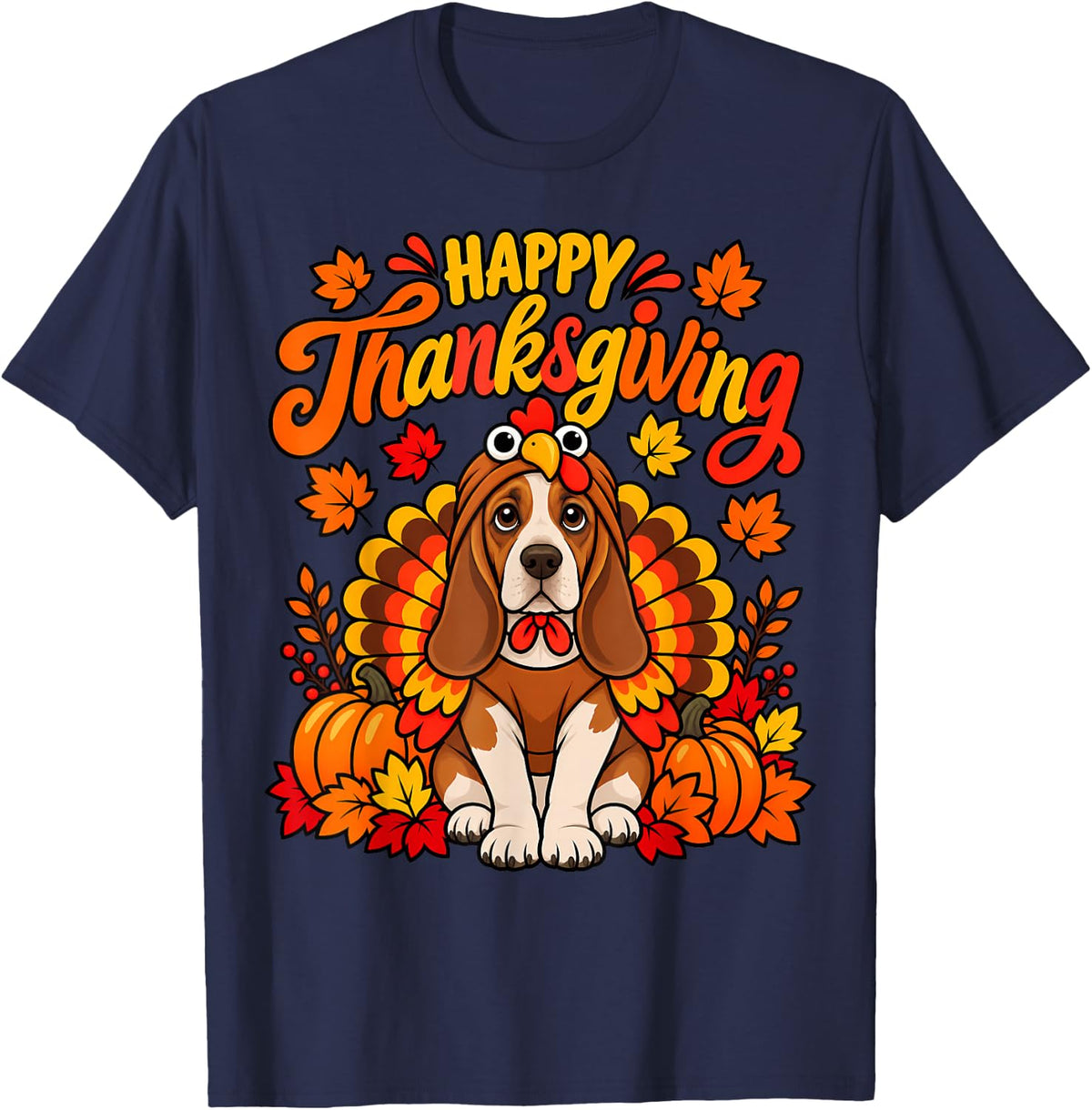 Happy Thanksgiving Basset Hound Dog Turkey Day Fall T-Shirt - Navy Blue