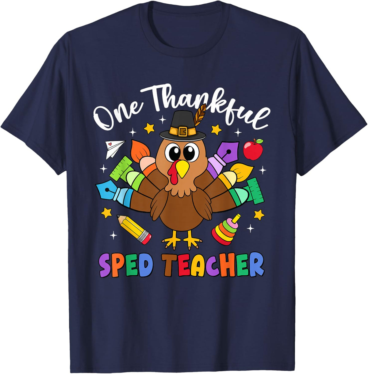 One Thankful SPED Teacher Turkey Fall Thanksgiving T-Shirt - Navy Blue