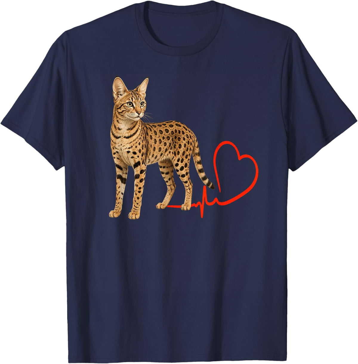 Savannah Cat Mom Heartbeat Spotted Cat Breed Lover T-Shirt - Navy Blue