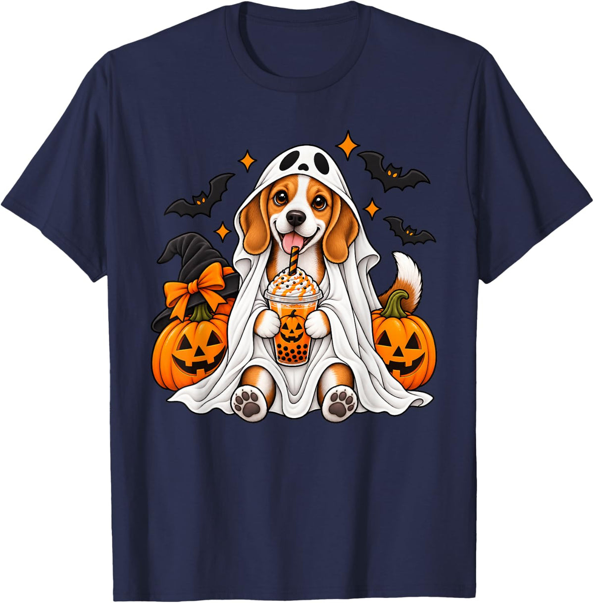 Cute Beagle Ghost Pumpkin Spice Dog Lovers Halloween T-Shirt - Navy Blue
