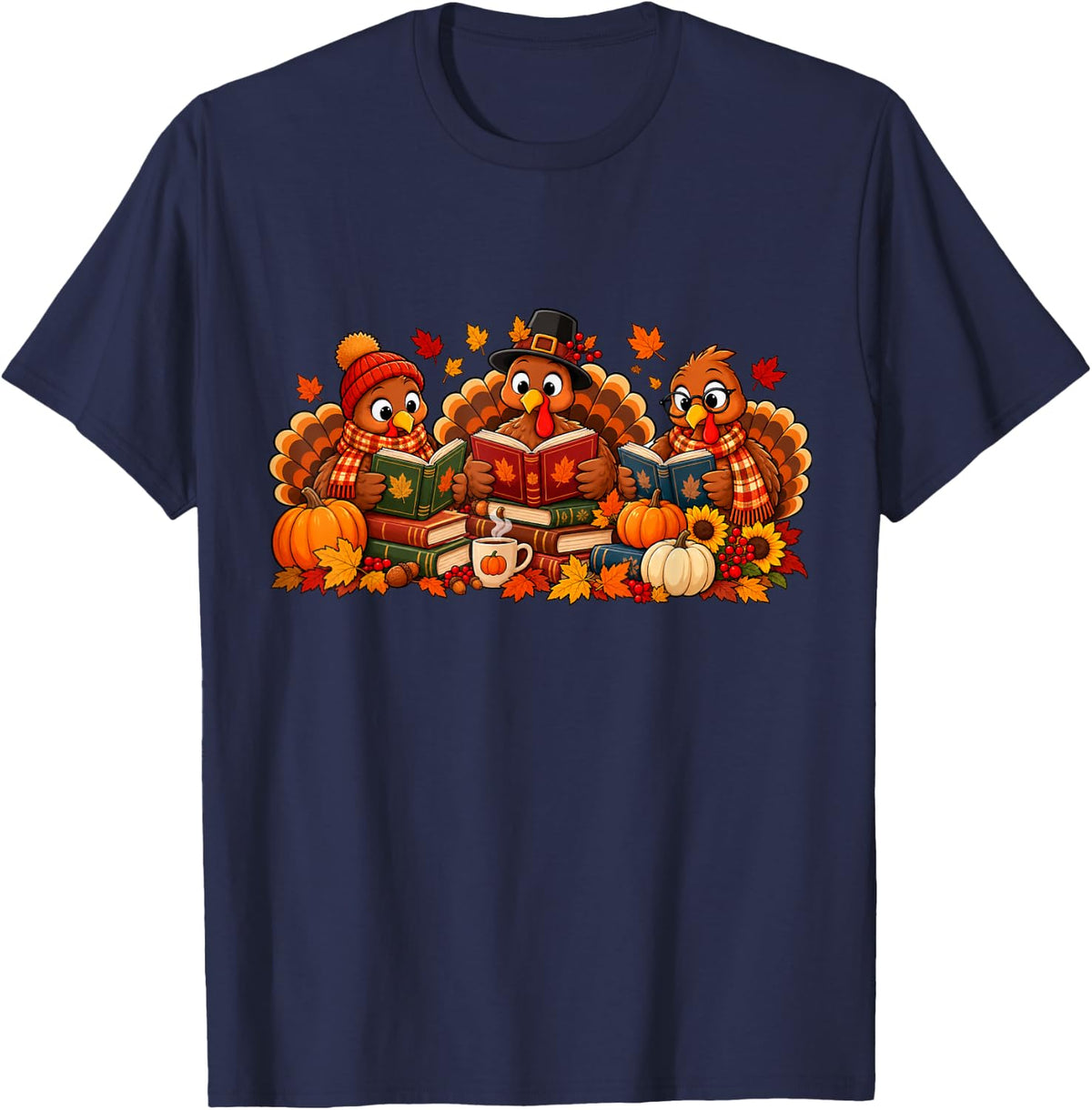 Cute Turkey Reading Books Fall Thanksgiving Teacher Book T-Shirt - Navy Blue