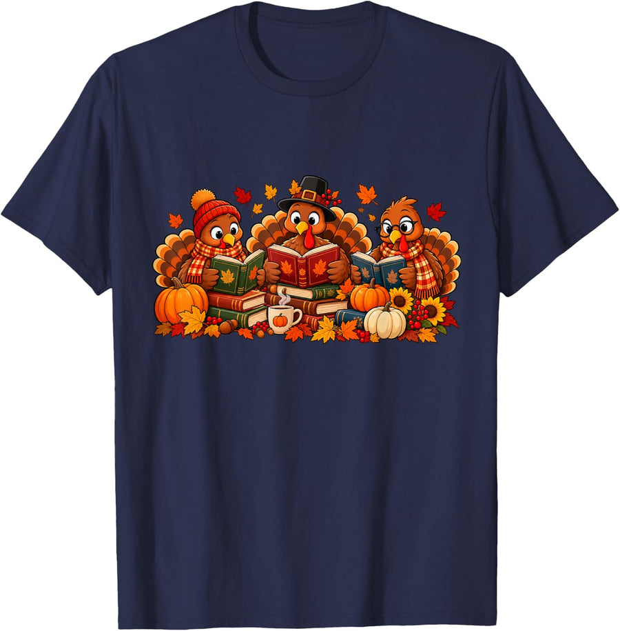 Cute Turkey Reading Books Fall Thanksgiving Teacher Book T-Shirt - Navy Blue