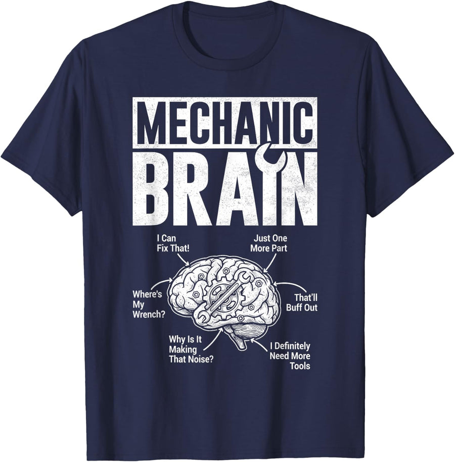 Auto Mechanic Brain Automotive Garage Technician Car Repair T-Shirt - Navy Blue