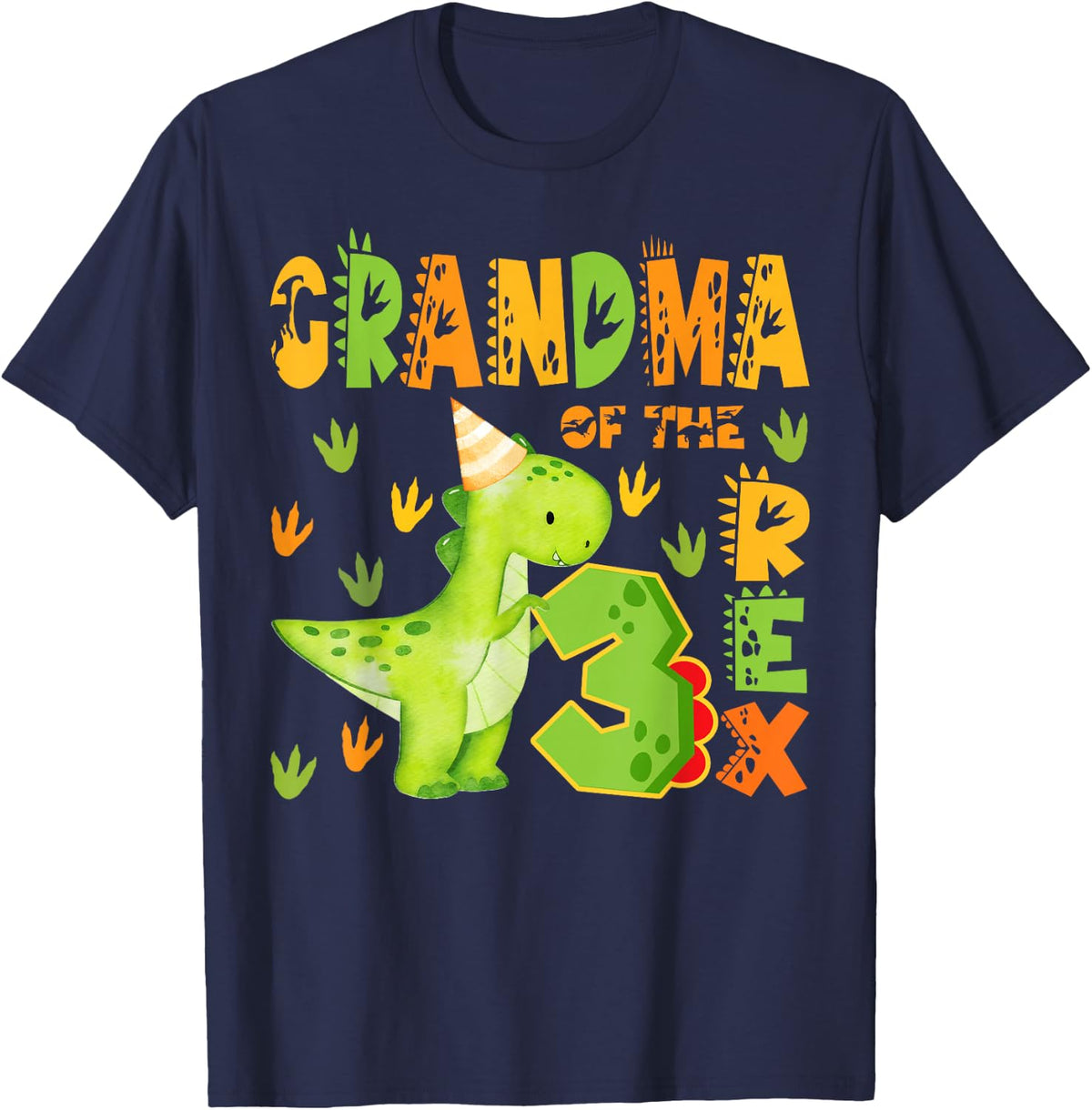 Grandma of The Three Rex 3rd Birthday Boy Dinosaur T-Rex T-Shirt - Navy Blue