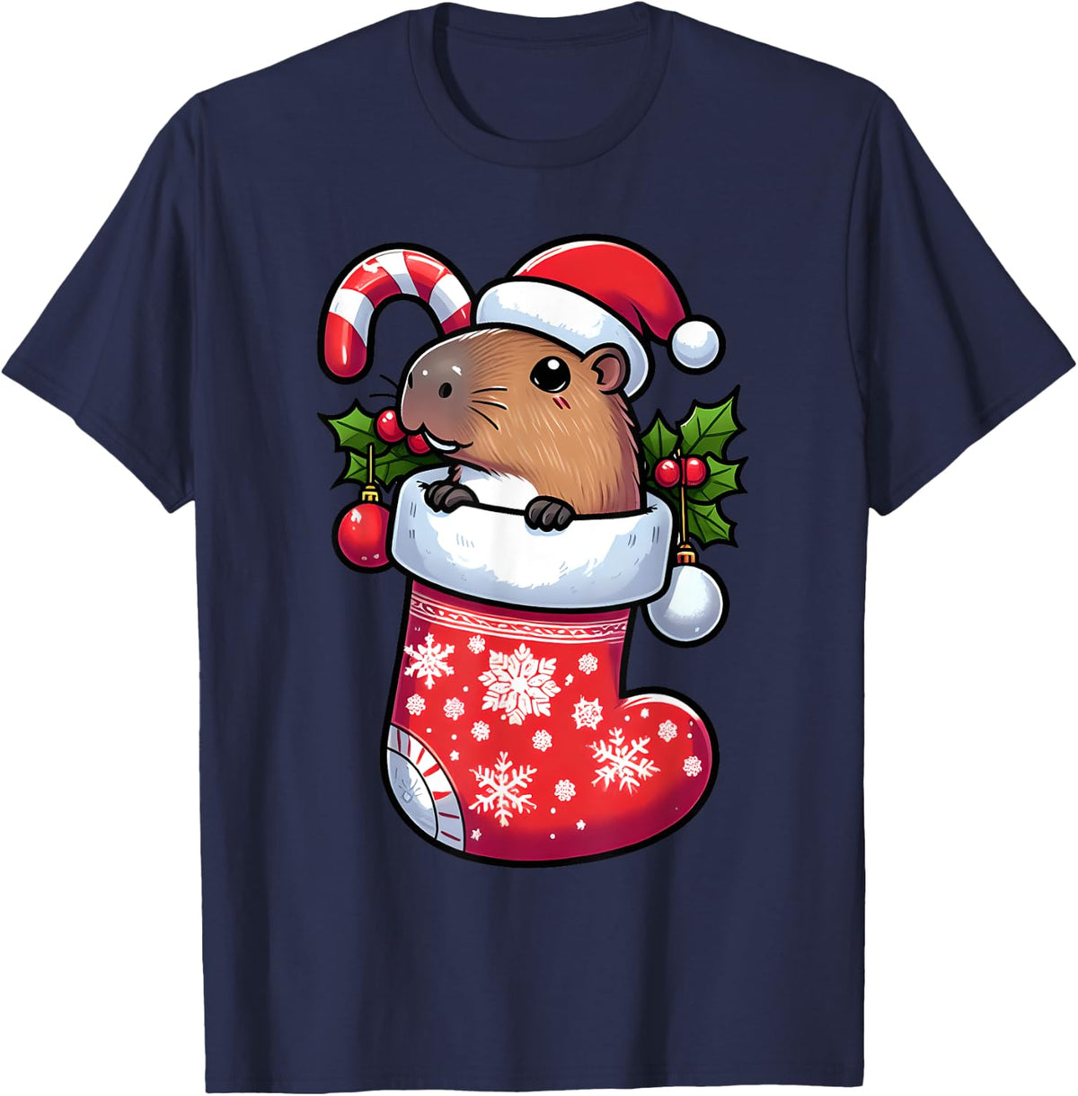 Capybara in Christmas Stocking Candy Cane Santa Hat Pajama T-Shirt - Navy Blue