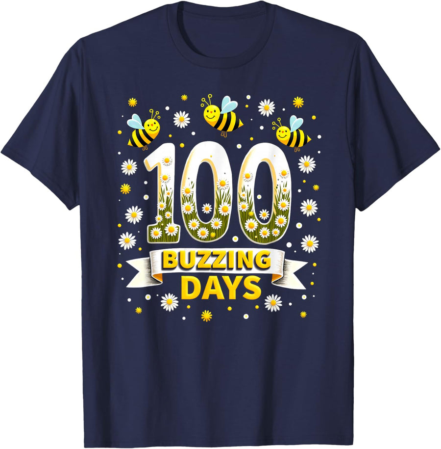 100 Days Of School Bees 100 Buzzing Days T-Shirt - Navy Blue