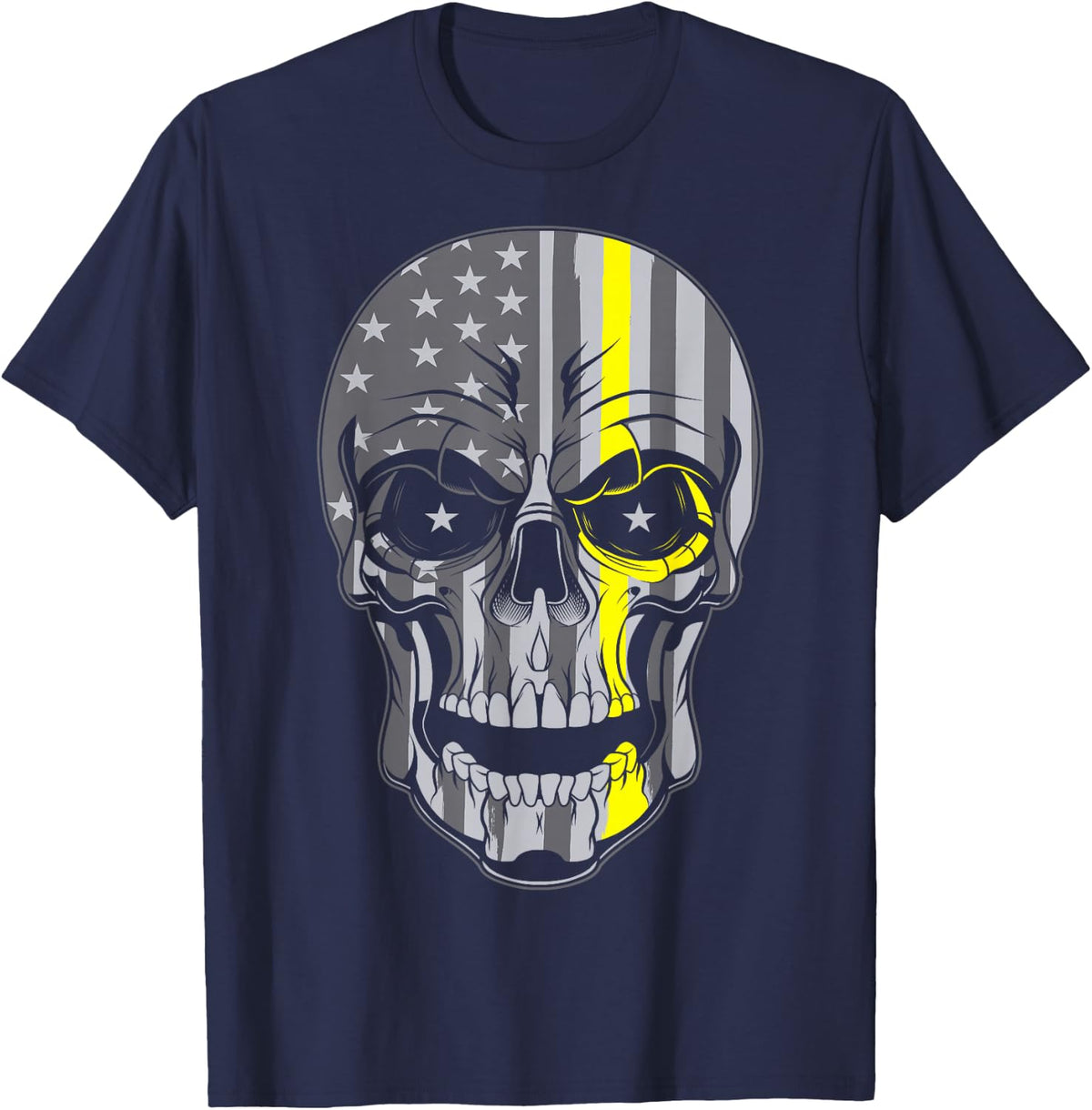 911 Dispatcher Thin Yellow line American Flag Skull Gift T-Shirt - Navy Blue
