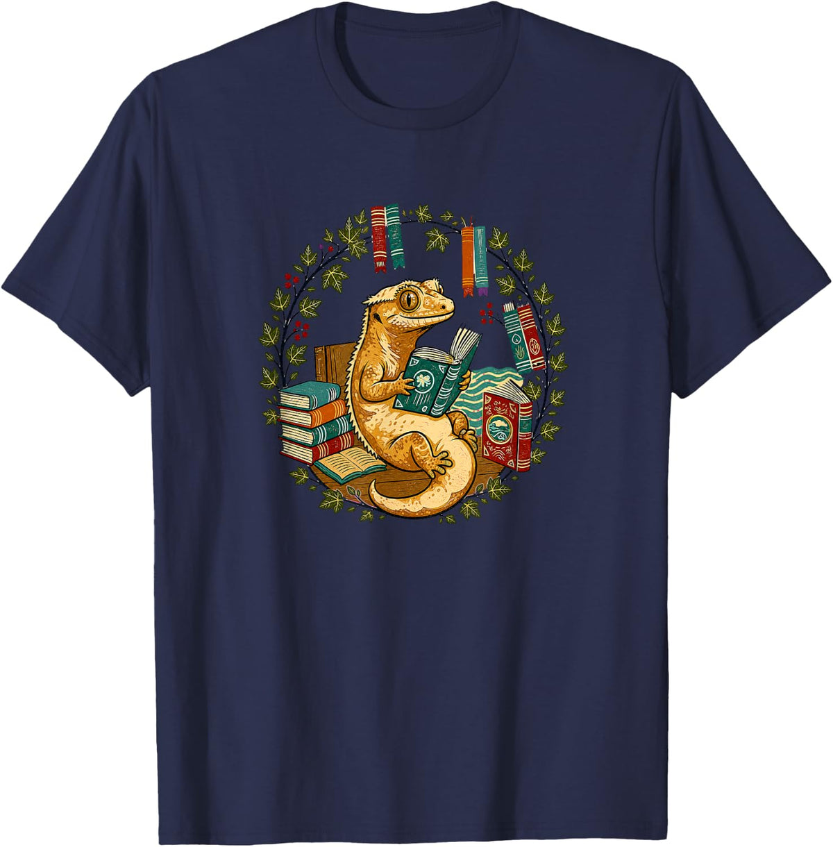 Kids Womens Girls Reading Books Vintage Crested Gecko Lover T-Shirt - Navy Blue