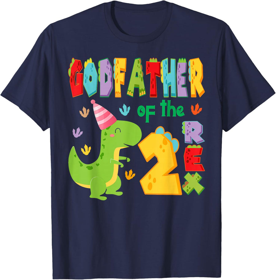 Godfather of The Two Rex 2Nd Birthday Boy Dinosaur T-Rex T-Shirt - Navy Blue
