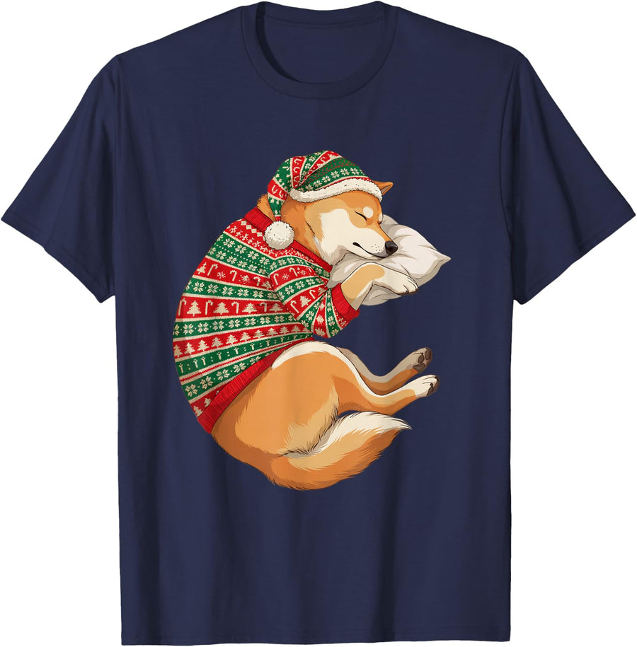 Sleepy Shiba Inu Cozy Pajama Santa Hat Dog Mom Dad Lover T-Shirt - Navy Blue