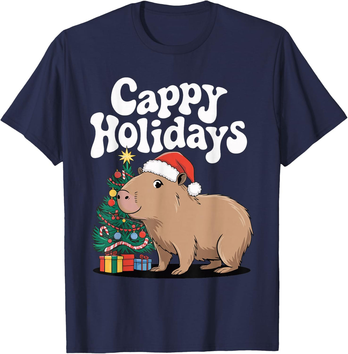 Cappy Holidays Capybara Christmas T-Shirt - Navy Blue