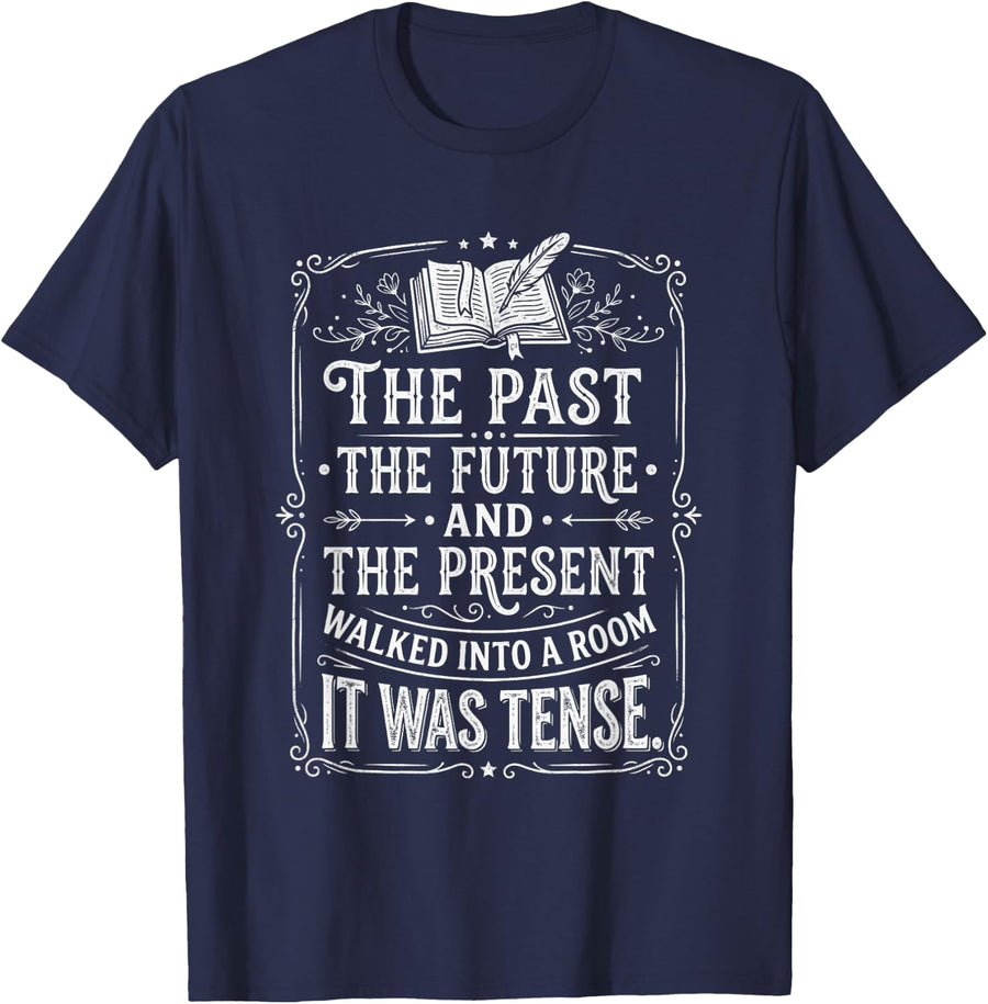 Aethetics The Past Future and Present Funny Grammar Joke T-Shirt - Navy Blue