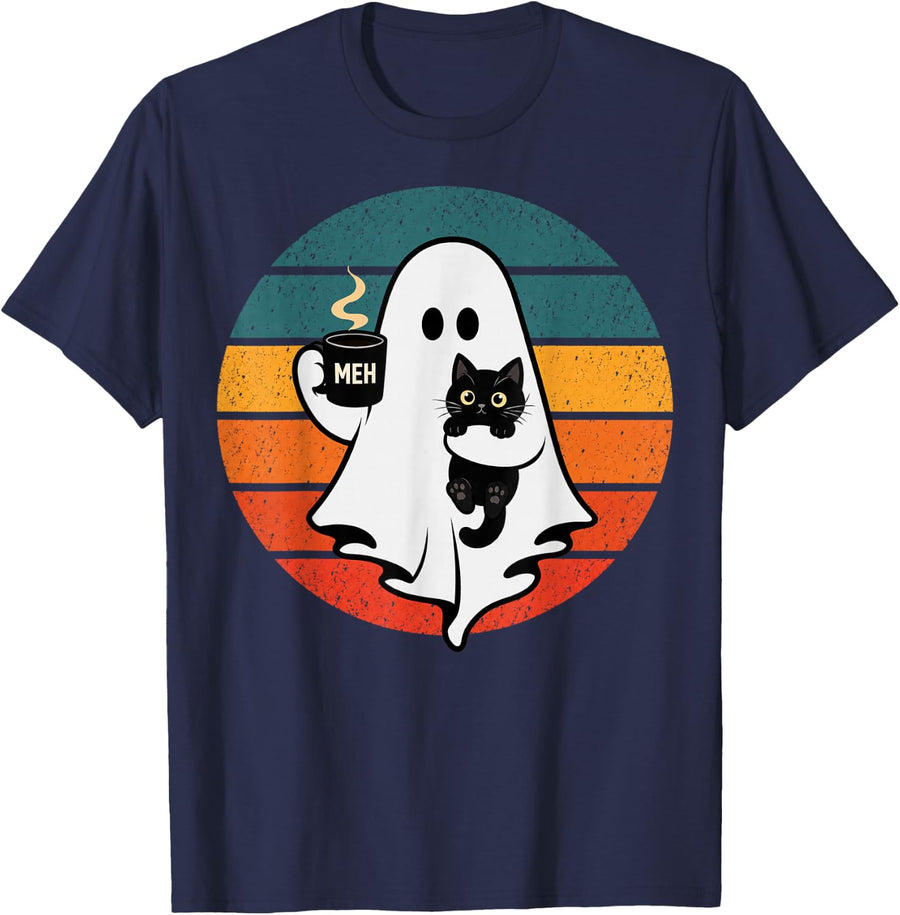 Ghost Cat Spooky Black Cat Retro Halloween Coffee Lover T-Shirt - Navy Blue