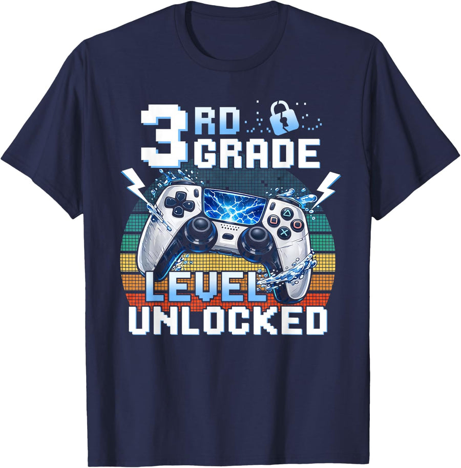 Third Grade 3rd Level Unlocked First Day Back to School Game T-Shirt - Navy Blue