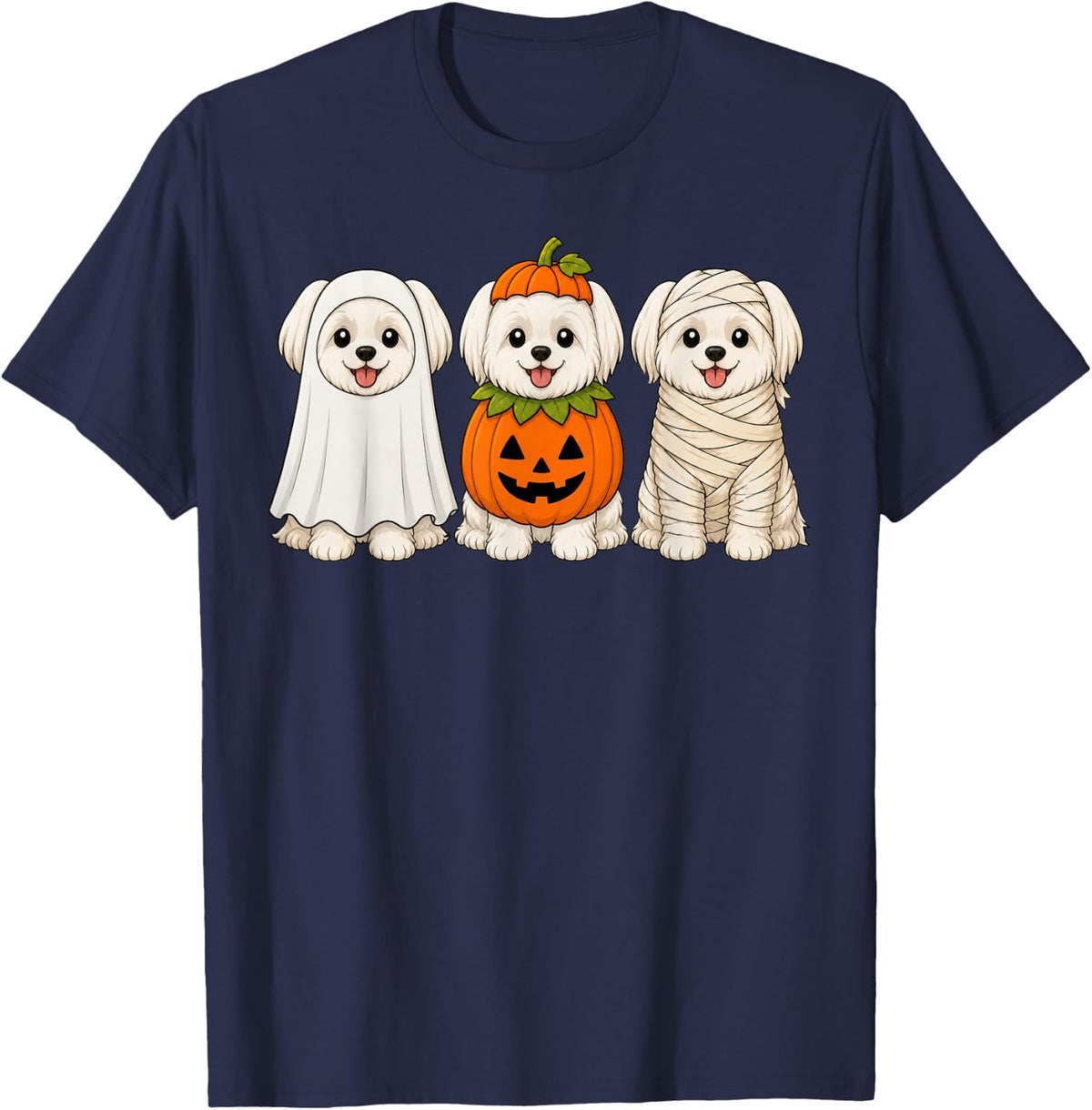 Spooky Maltese Pumpkin Ghost Halloween Dog Lover T-Shirt - Navy Blue