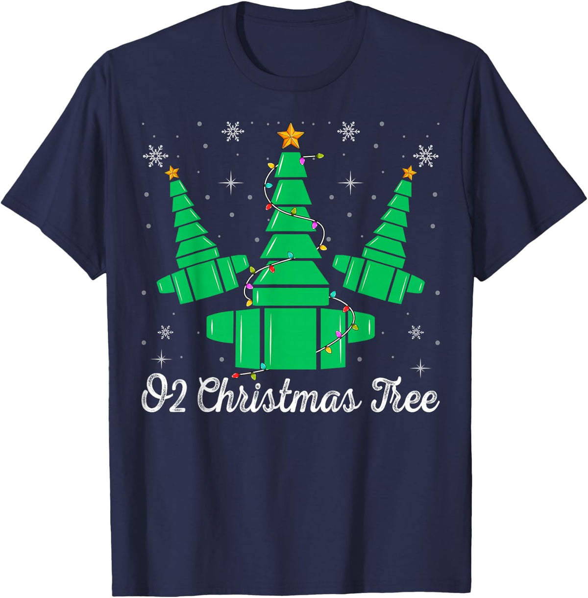O2 Christmas Tree Respiratory Therapist Xmas Light Christmas T-Shirt - Navy Blue