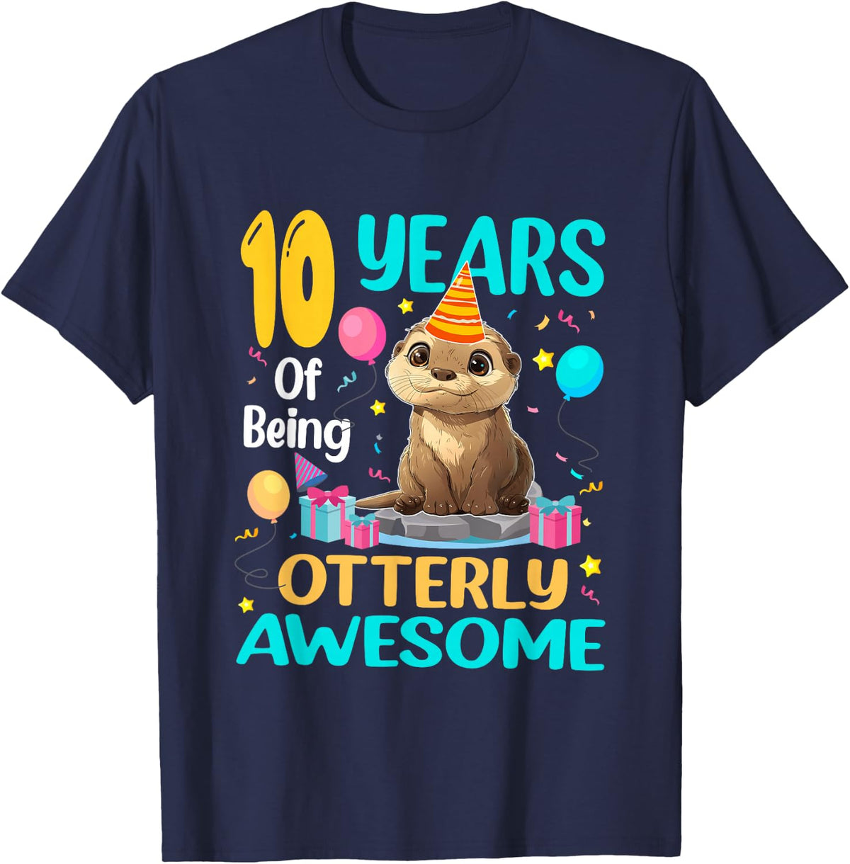 10th Birthday Otter Lover Tees 10 Years Of Being Otterly Awesome T-Shirt For Kids - Navy Blue