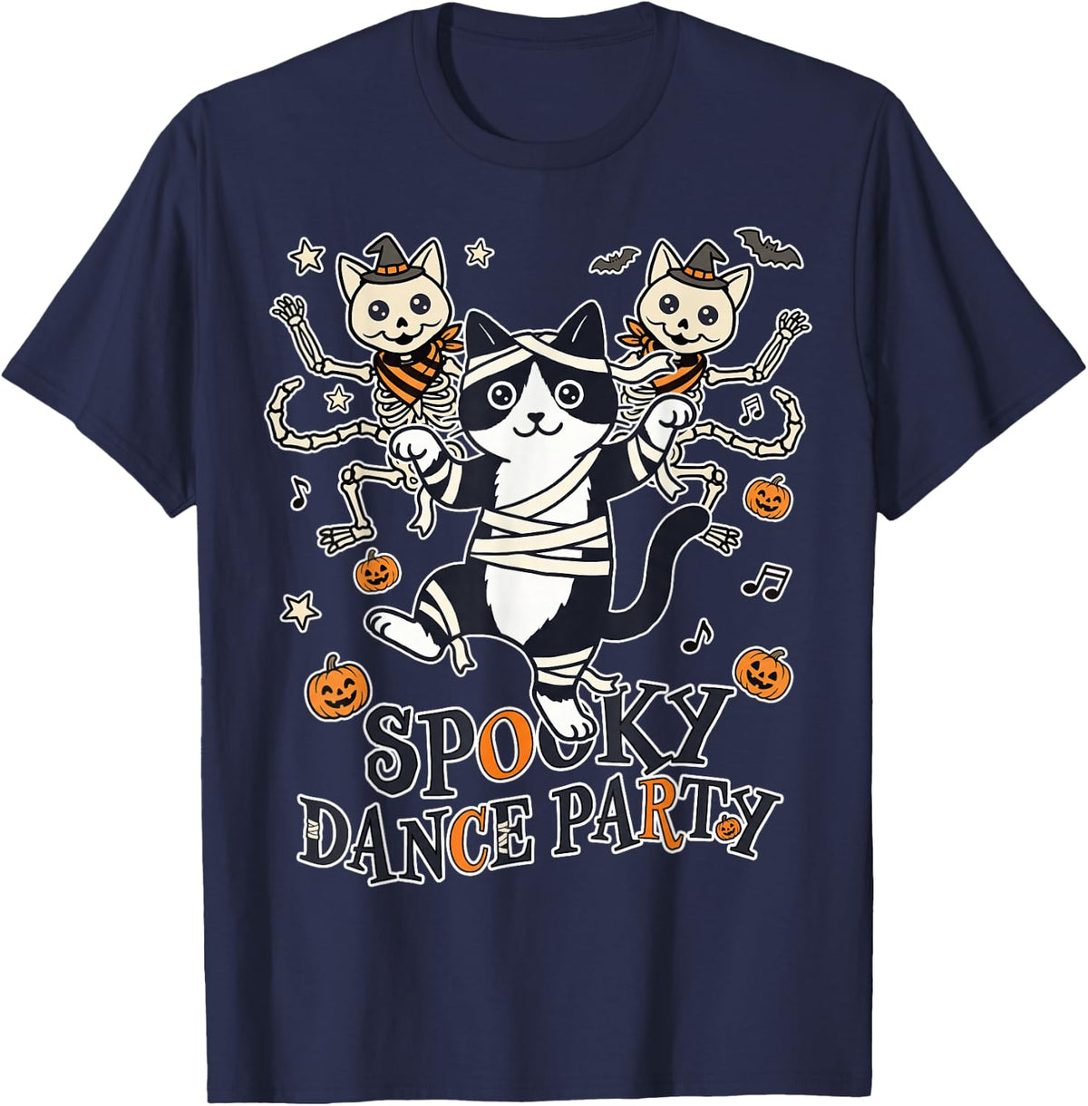 Spooky Dance Party Mummy Cat Skeleton Halloween Art T-Shirt - Navy Blue