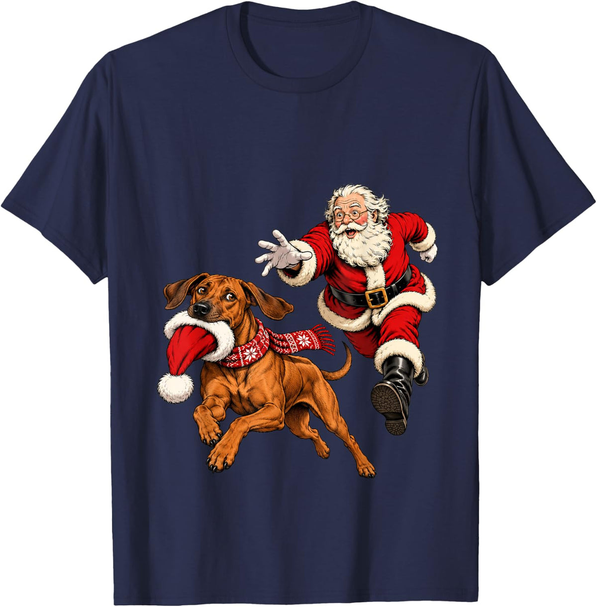 Funny Santa Chasing Rhodesian Ridgeback Christmas Dog Mom T-Shirt - Navy Blue