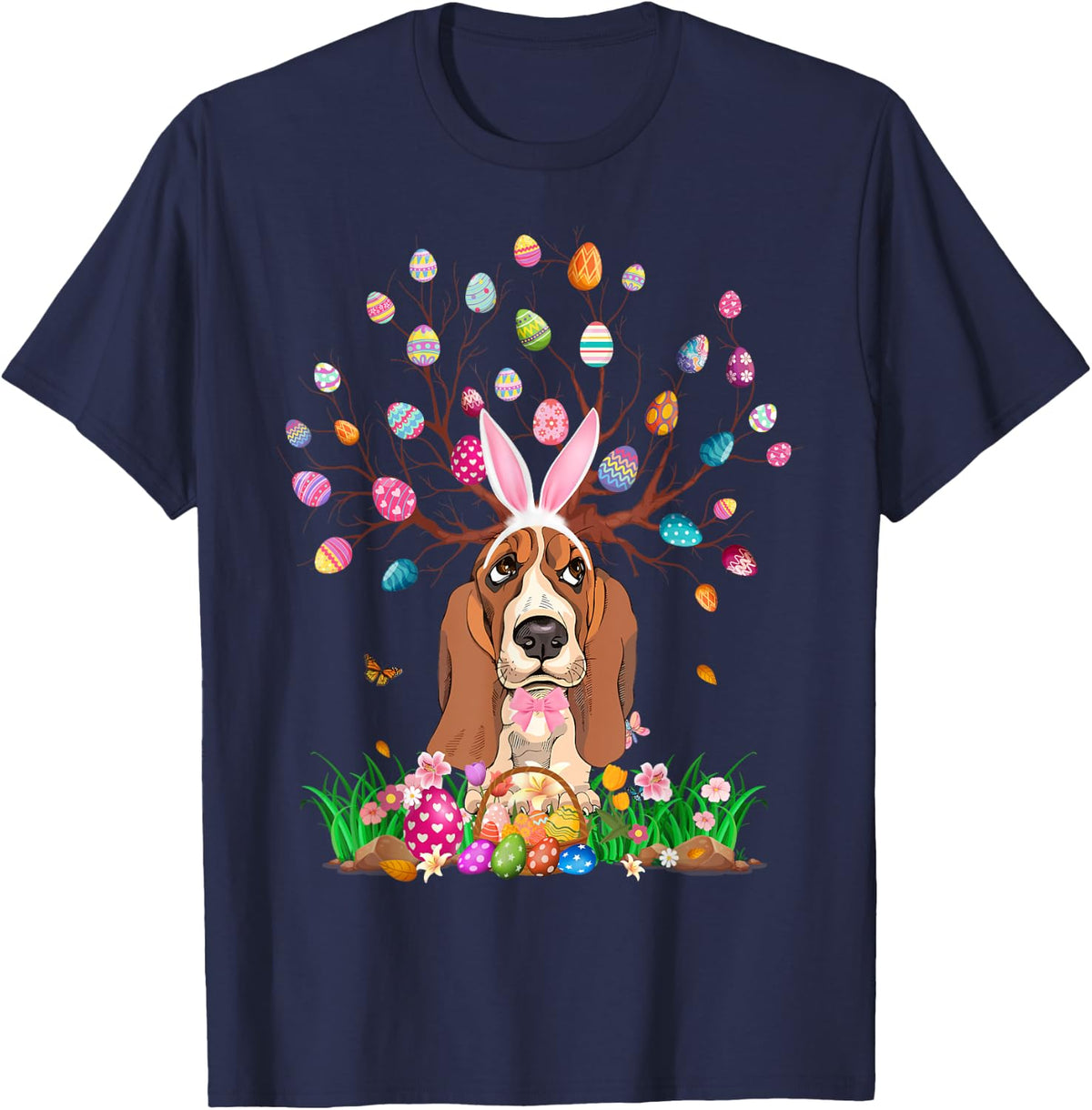Basset Hound Dog With Bunny Ears Easter Egg Tree Easter Day T-Shirt - Navy Blue