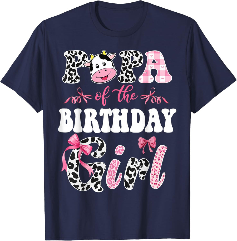 Papa of The Birthday Girl Farm Cow 1St Birthday T-Shirt - Navy Blue