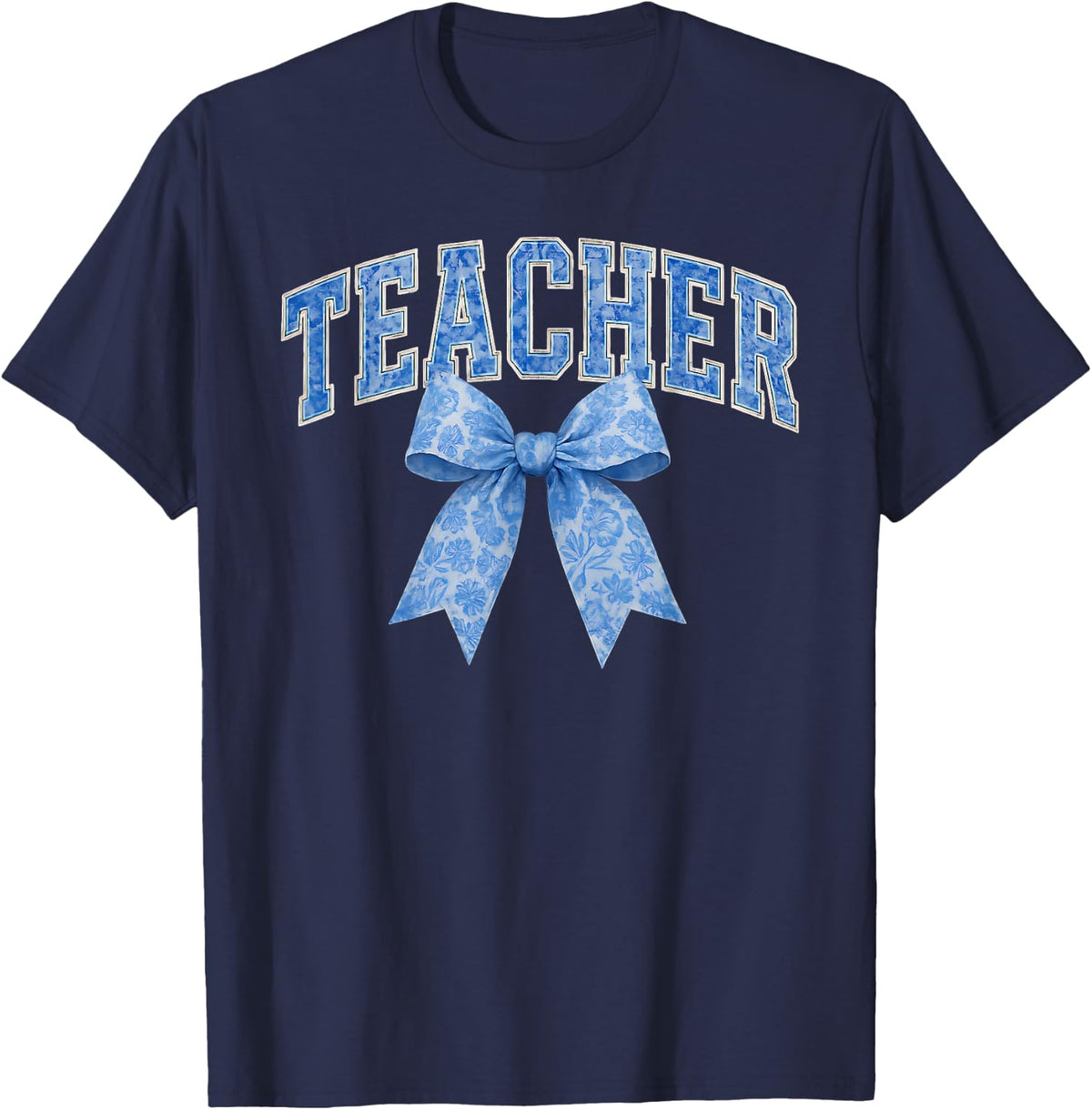 Teach Coquette Toile Blue Bow Floral Women Teacher T-Shirt - Navy Blue