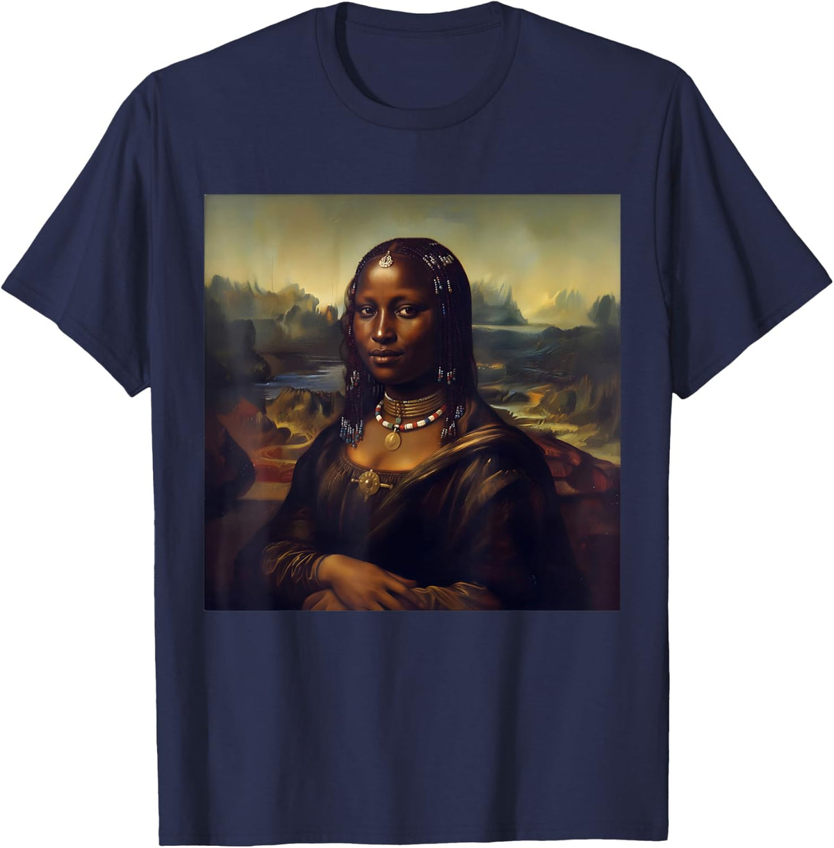 Black Mona Lisa African American T-Shirt Black History Month Tee for Women and Men - Navy Blue