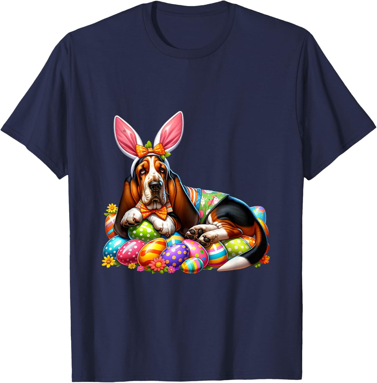 Funny Easter Day Basset Hound Bunny Costume T-Shirt - Navy Blue