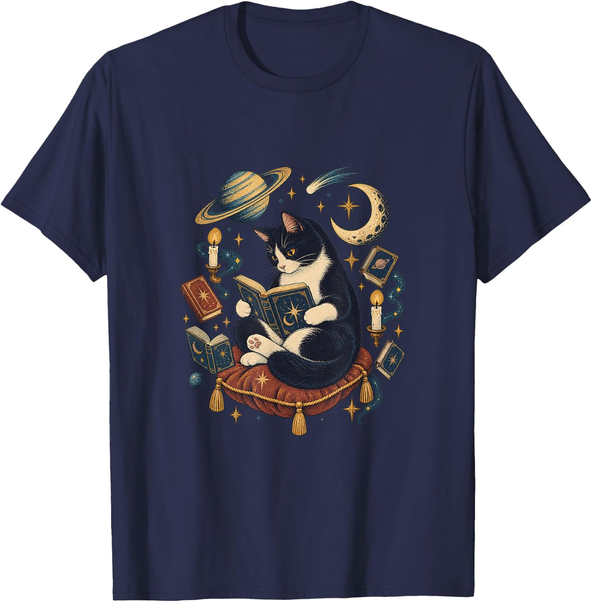 Celestial Cat Reading Books Moon Stars Book Lover T-Shirt - Navy Blue