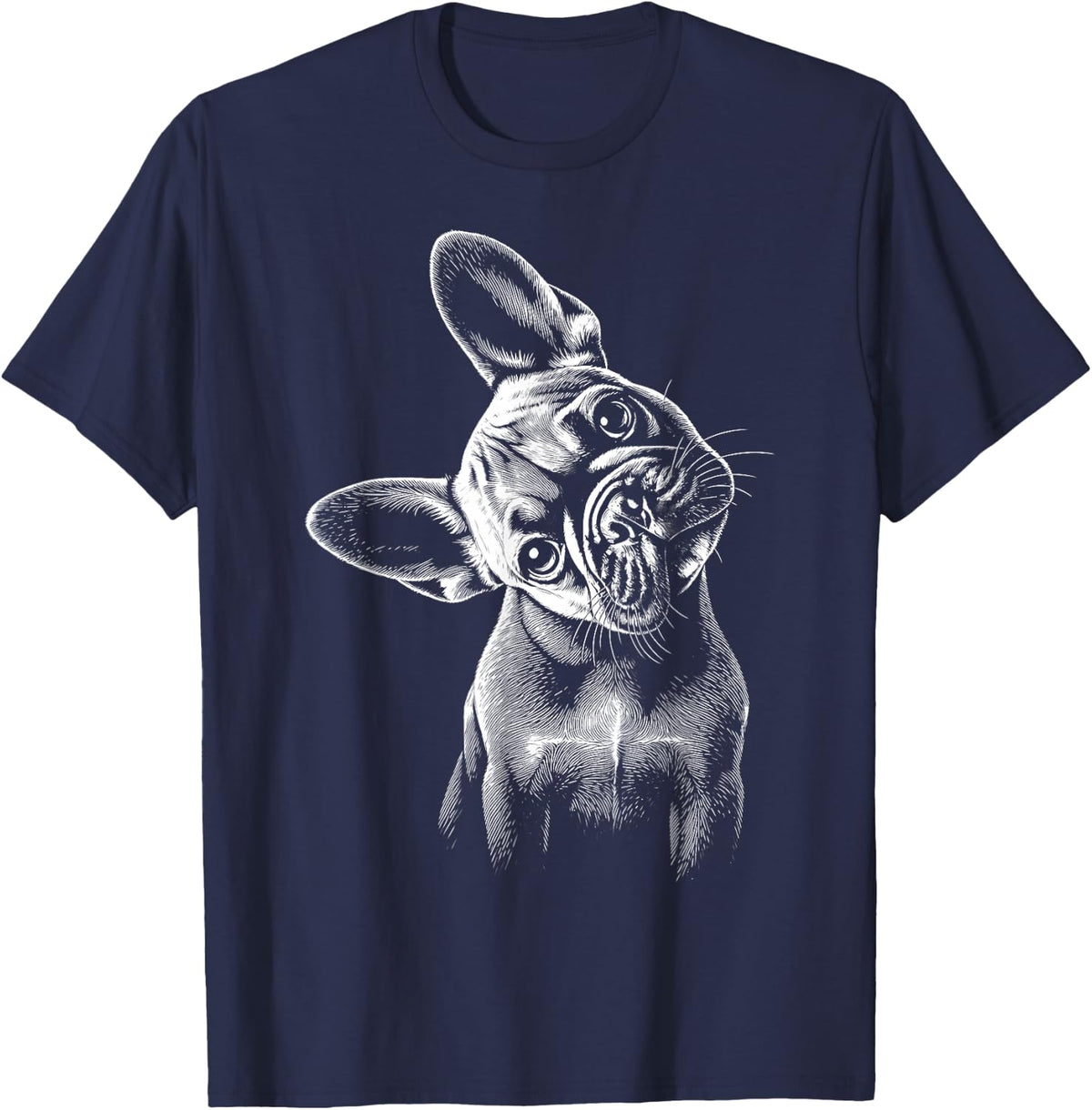 French Bulldog Tilted Dog Vintage Line Drawing Art Style T-Shirt - Navy Blue