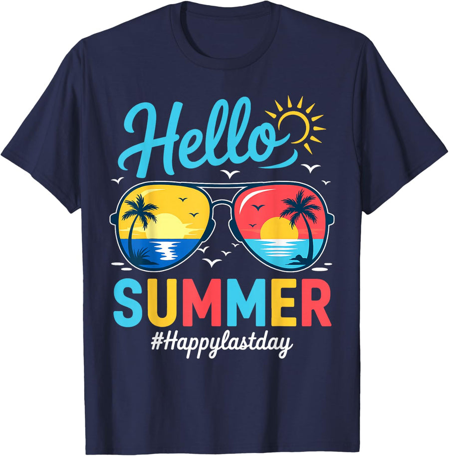 Hello Summer Glass Happy Last Day of School Teacher Student T-Shirt - Navy Blue