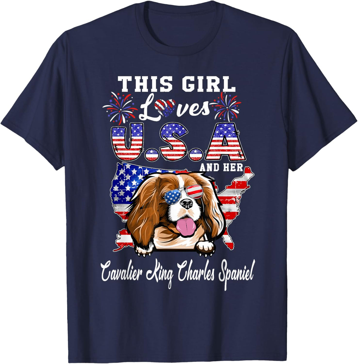 This Girl Loves USA and Her Dog 4th of July Cavalier Lover T-Shirt - Navy Blue