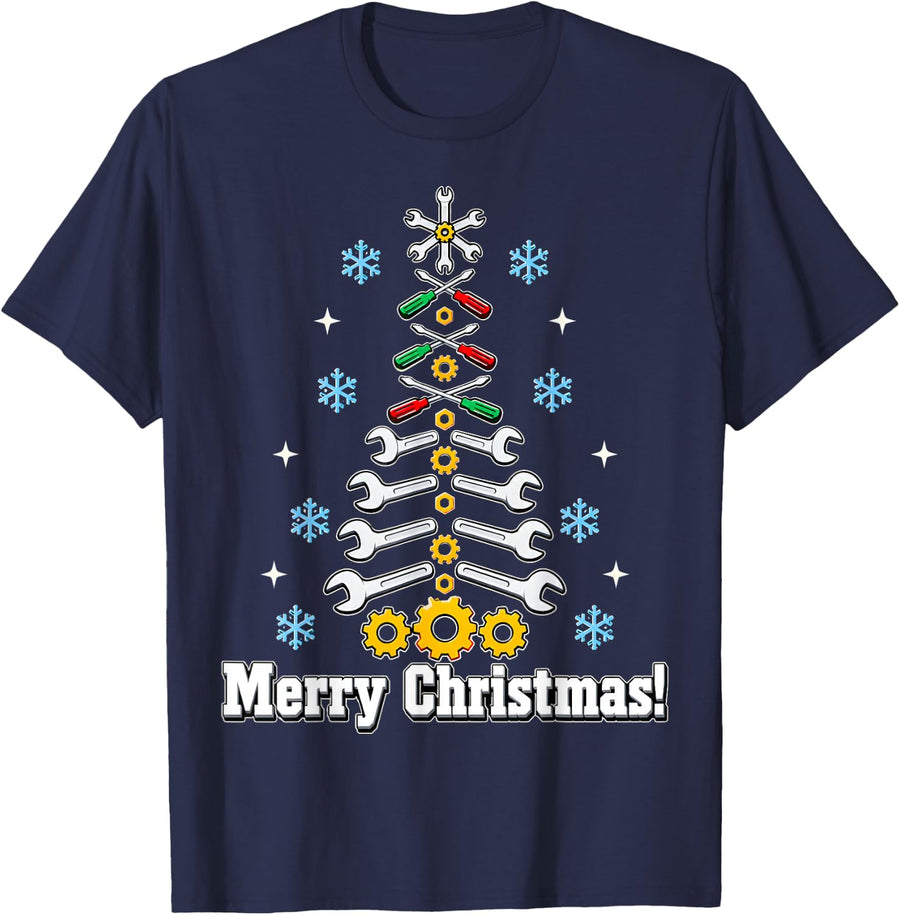 Merry Mechanic Christmas Shirt Auto Technician Tools Xmas T-Shirt - Navy Blue
