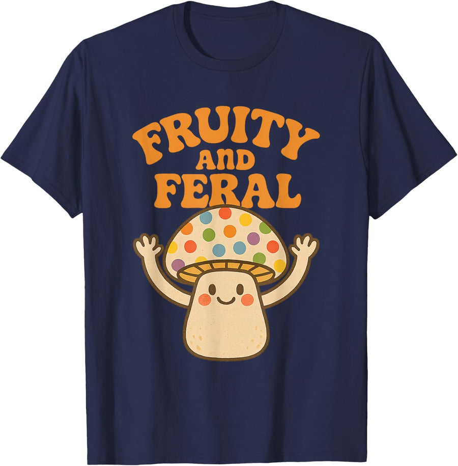 Fruity and Feral Funny Mushroom Pride Cottagecore Design T-Shirt - Navy Blue