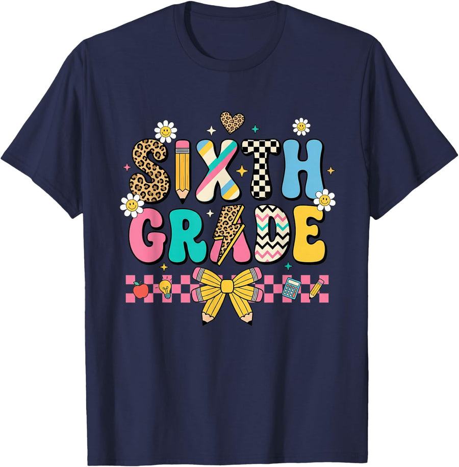 Sixth Grade Back to School Retro Groovy Teacher Student T-Shirt - Navy Blue