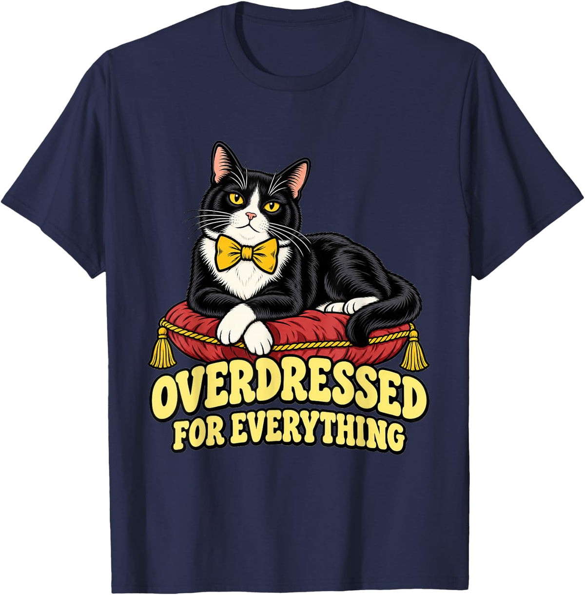 Tuxedo Cat Overdressed for Everything Kids Funny Kitty Mom T-Shirt - Navy Blue