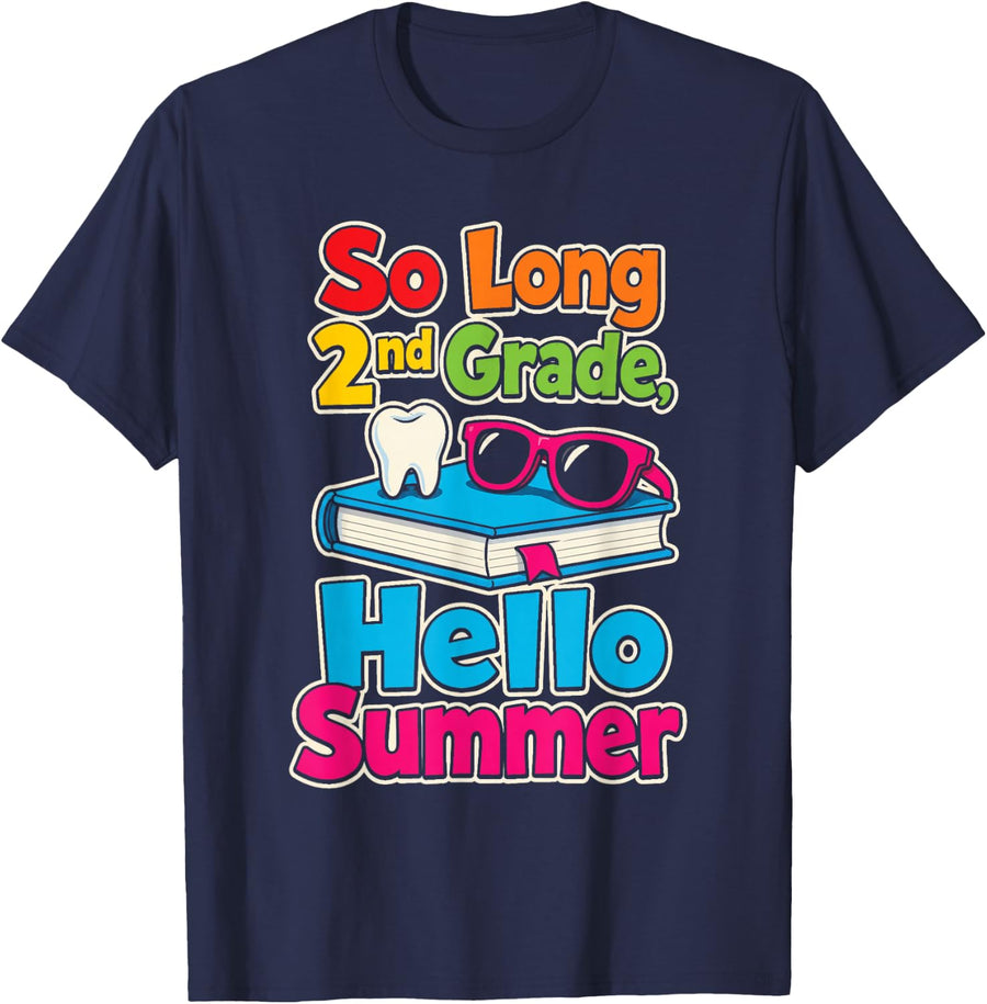 2nd Grade So Long Hello Summer Elementary School Kids T-Shirt - Navy Blue