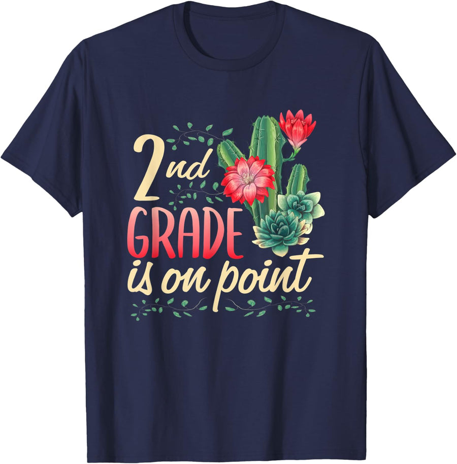 2nd Grade Is On Point First Day Teacher Cactus Fun Classroom Men Women Kids T-Shirt - Navy Blue