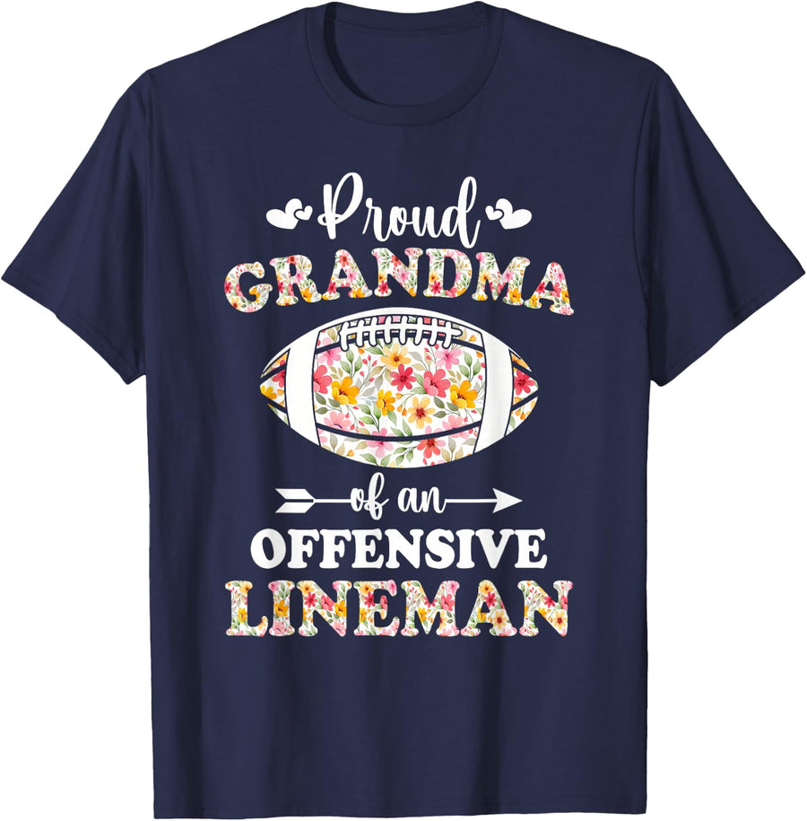 Proud Grandma of a offensive lineman football lineman floral T-Shirt - Navy Blue