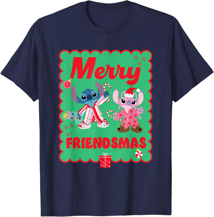 Disney Stitch & Angel Merry Friendsmas Christmas Friends T-Shirt - Navy Blue
