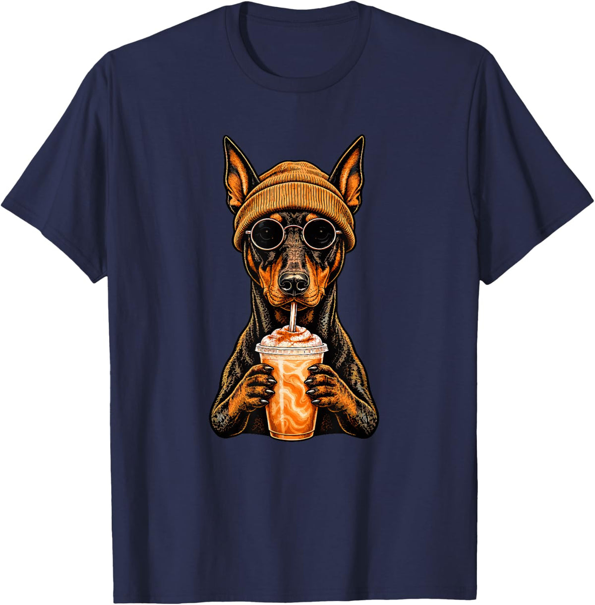 Doberman Pinscher Pumpkin Spice Hipster Dog Autumn Fall T-Shirt - Navy Blue