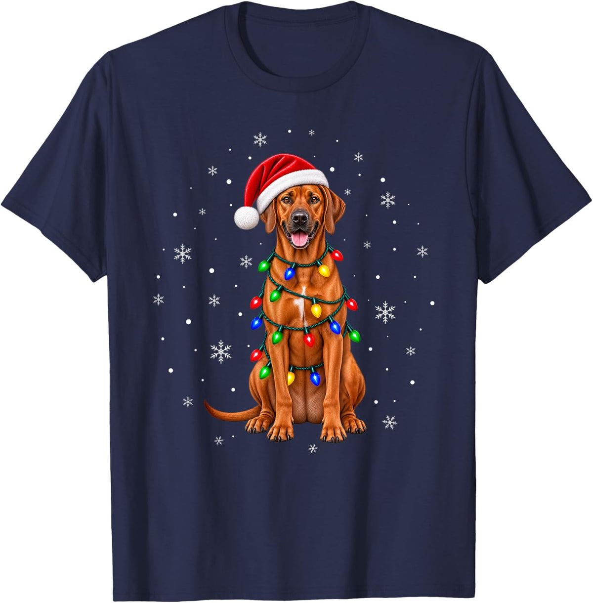 Rhodesian Ridgeback Christmas Tree Lights Pajama Santa Dog T-Shirt - Navy Blue