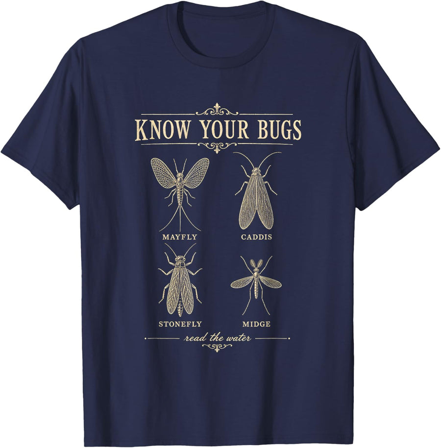 Fly Fishing Know Your Bugs Mayfly Caddis Stonefly Chart T-Shirt - Navy Blue