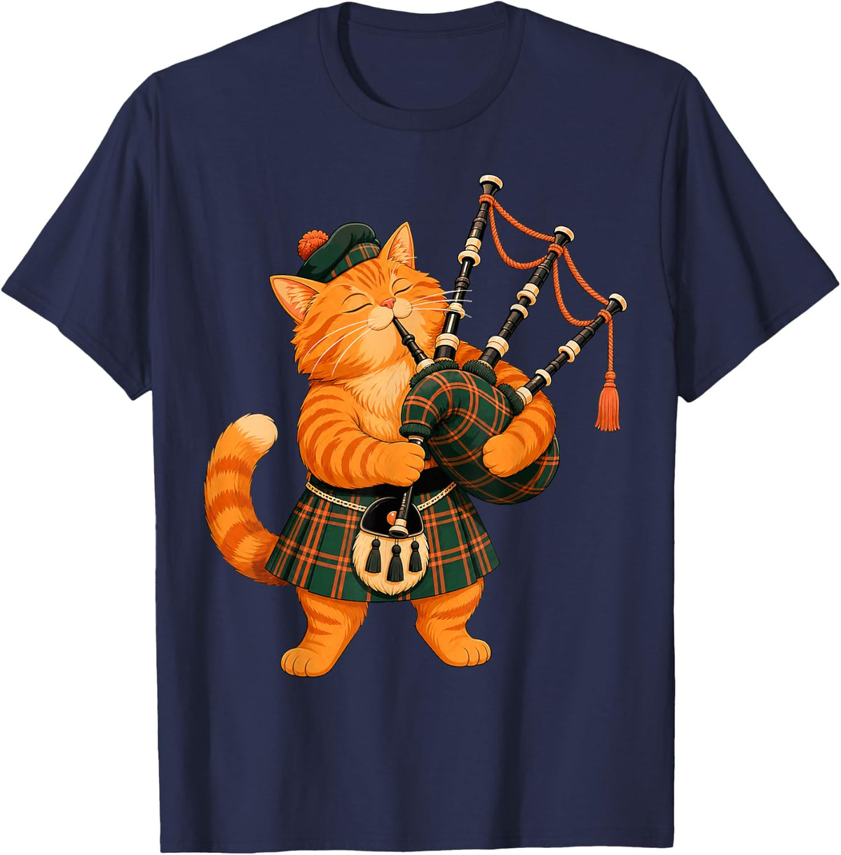 Bagpipe Cat Scottish Highland Music Piper T-Shirt - Navy Blue