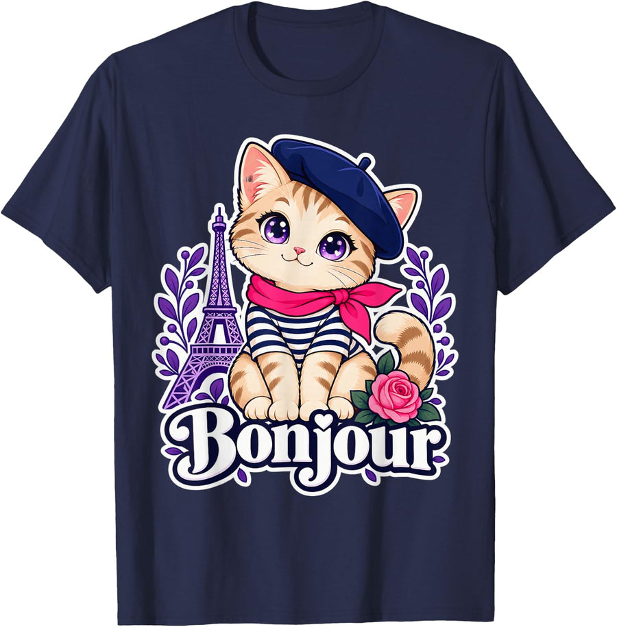 Cute Bonjour Paris France European Vacation French Teacher T-Shirt - Navy Blue