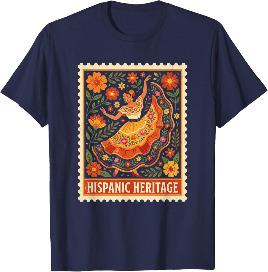 Hispanic Heritage Dancing Latina Folk Art Mujer Women T-Shirt - Navy Blue