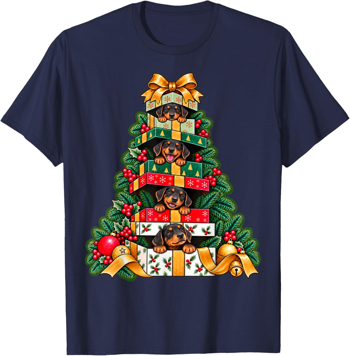 Doberman Pinscher Stacked Wrapped Box Holiday Tree Surprise T-Shirt - Navy Blue