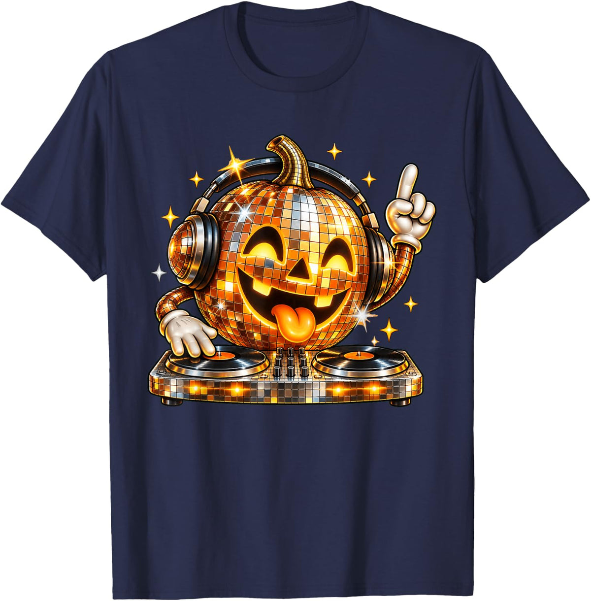 Halloween Pumpkin DJ Retro Disco Music T-Shirt - Navy Blue