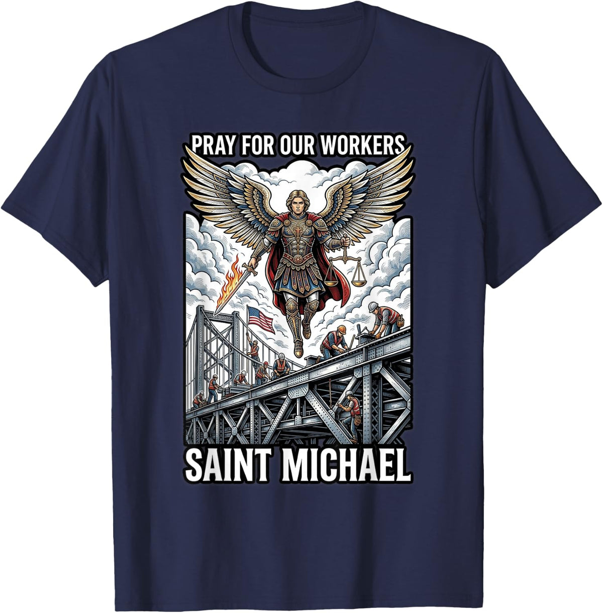 Saint Michael Above Refinery Flag Night Catholic T-Shirt - Navy Blue