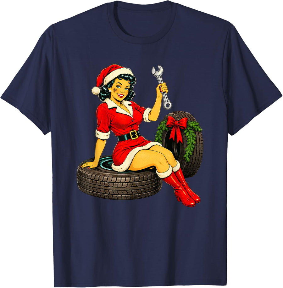 Vintage Christmas Mechanic Retro Auto Shop Santa Girl T-Shirt - Navy Blue